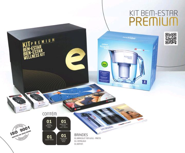Kit Bem-Estar Premium: jarra Alcaline Max, Sleep Max, palmilha Insole, bracelete íon e catálogo